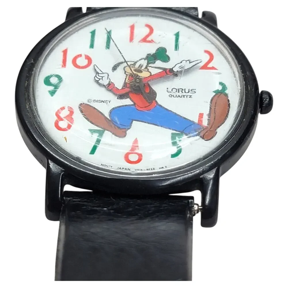 Vintage Lorus Disney Goofy Backwards Reverse Dial Analog Watch Black Running